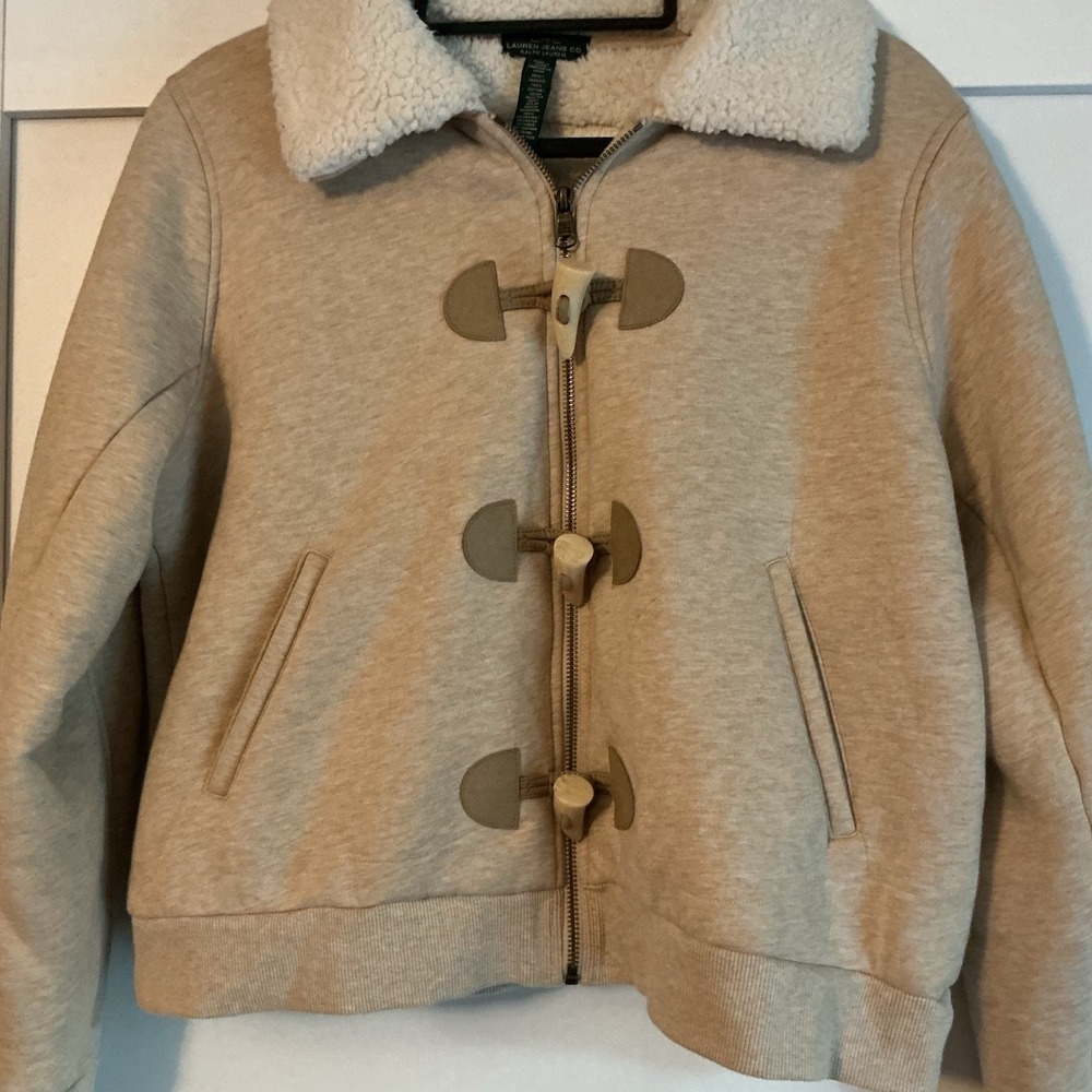 LAUREN RALPH LAUREN‎ Beige Knit Faux Shearling Toggle Jacket XL Gorpcore Minimal - Picture 3 of 6